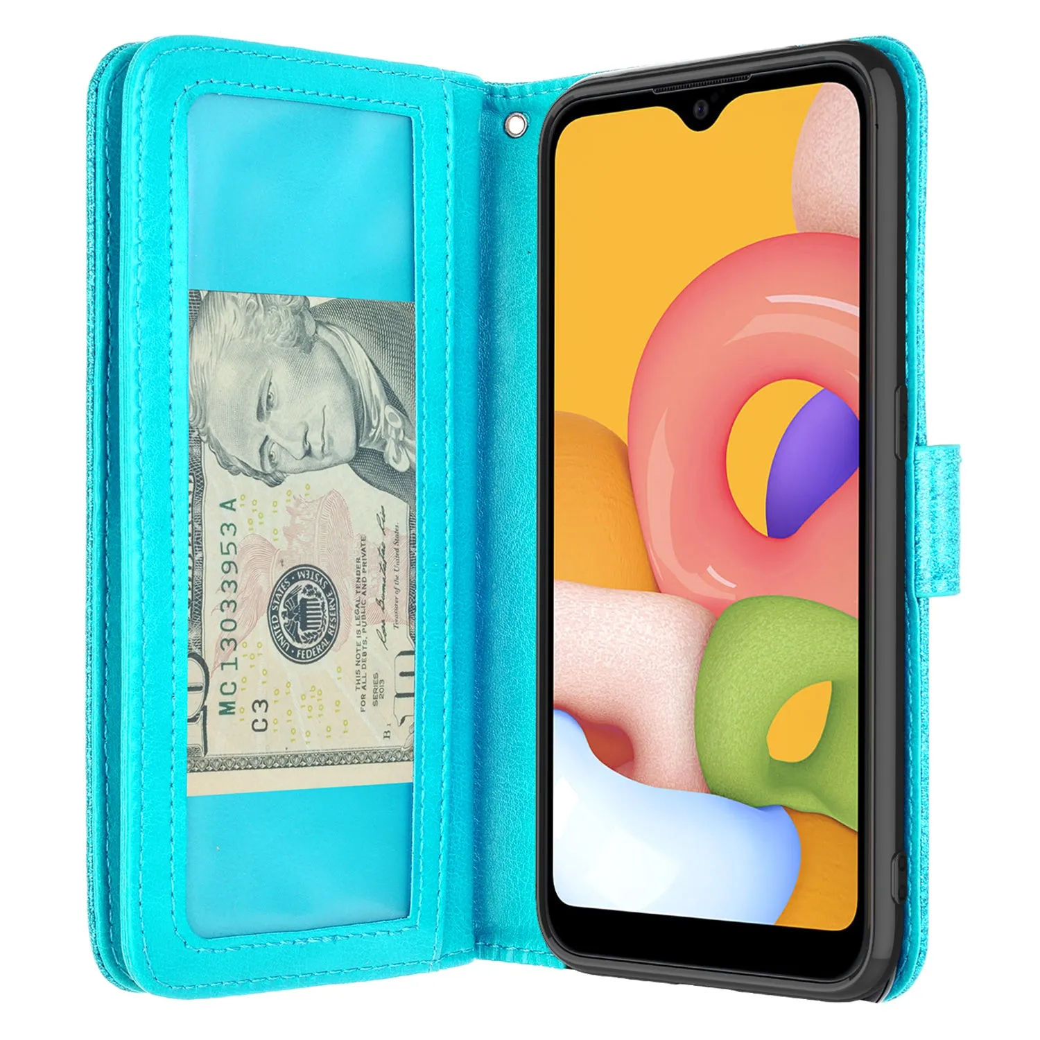 Samsung Galaxy A01 Case, Galaxy A01 Case, Glitter Faux Leather Flip Credit Card Holder Wrist Strap Shockproof Protective Wallet Case Clutch for Galaxy A01 - Teal