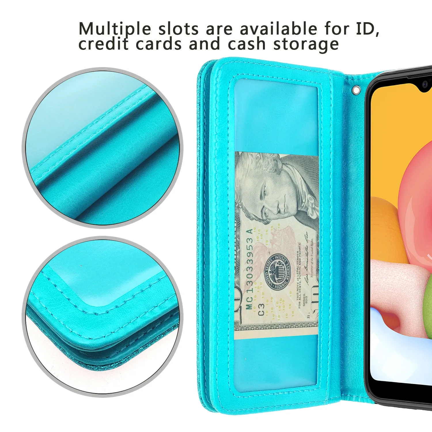 Samsung Galaxy A01 Case, Galaxy A01 Case, Glitter Faux Leather Flip Credit Card Holder Wrist Strap Shockproof Protective Wallet Case Clutch for Galaxy A01 - Teal