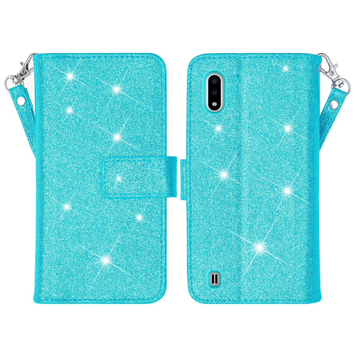 Samsung Galaxy A01 Case, Galaxy A01 Case, Glitter Faux Leather Flip Credit Card Holder Wrist Strap Shockproof Protective Wallet Case Clutch for Galaxy A01 - Teal