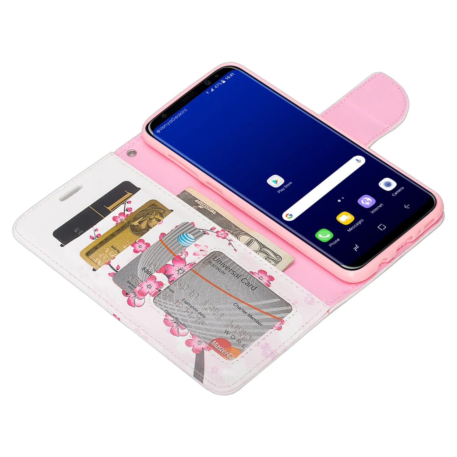 Samsung Galaxy S8 Plus Case, Wrist Strap Pu Leather Magnetic Fold[Kickstand] Wallet Case with ID & Credit Card Slots for Galaxy S8 Plus, SM-G955 - Cherry Blossom