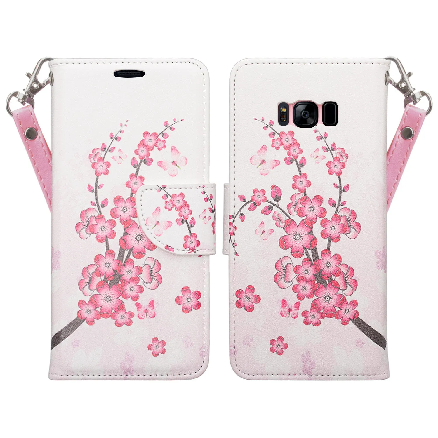 Samsung Galaxy S8 Plus Case, Wrist Strap Pu Leather Magnetic Fold[Kickstand] Wallet Case with ID & Credit Card Slots for Galaxy S8 Plus, SM-G955 - Cherry Blossom