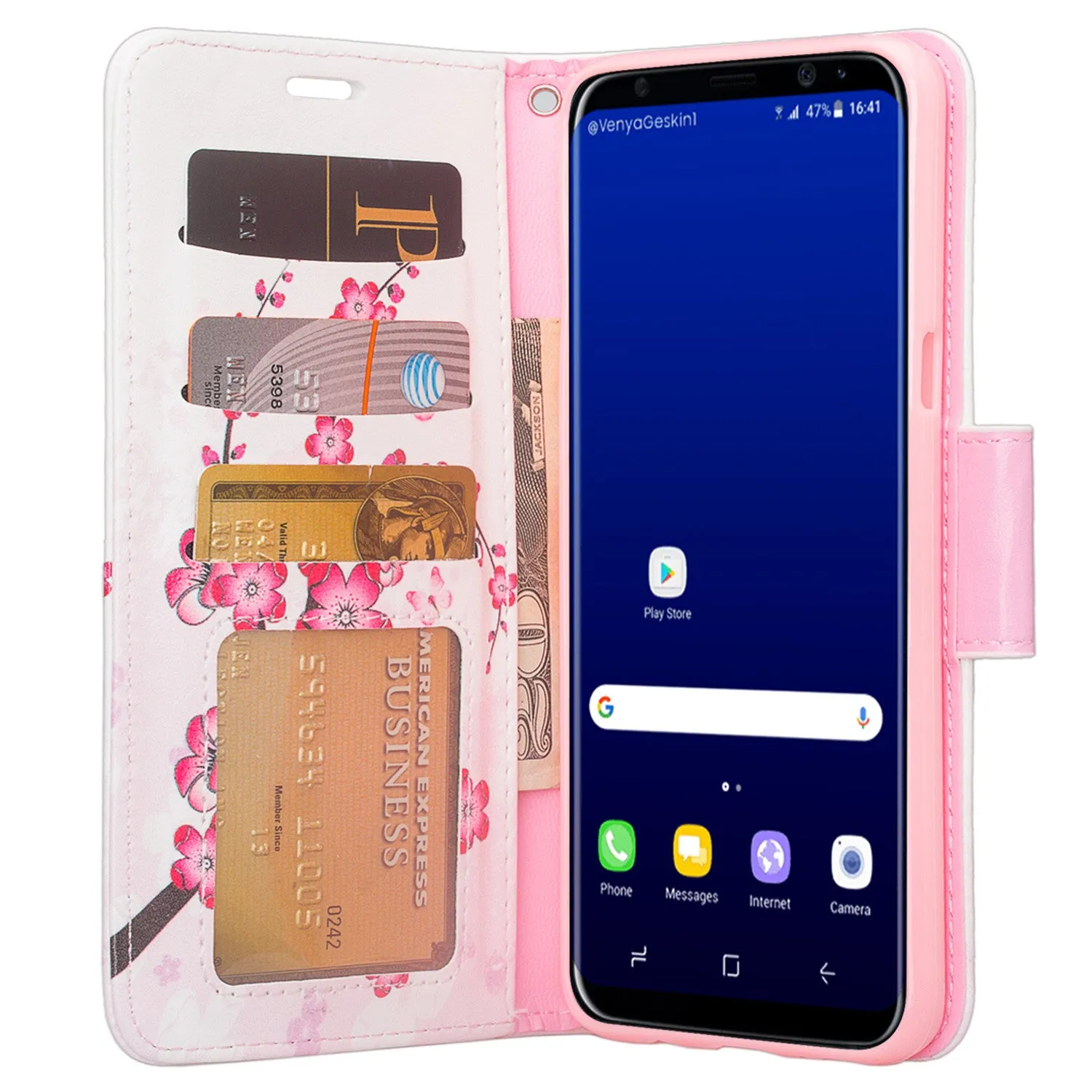 Samsung Galaxy S8 Plus Case, Wrist Strap Pu Leather Magnetic Fold[Kickstand] Wallet Case with ID & Credit Card Slots for Galaxy S8 Plus, SM-G955 - Cherry Blossom