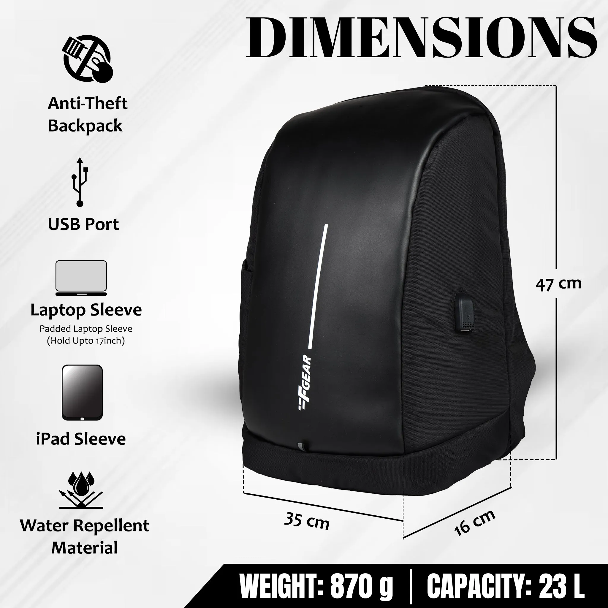 Siroco 23L Black Anti theft Laptop Backpack