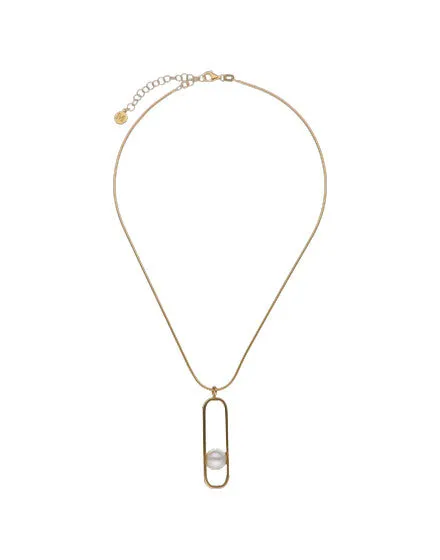 Sterling Silver Gold Plated Pendant Chain Necklace for Women with Organic Pearl, 10mm Round White Pearl, 37cm Length, Atenea Collection