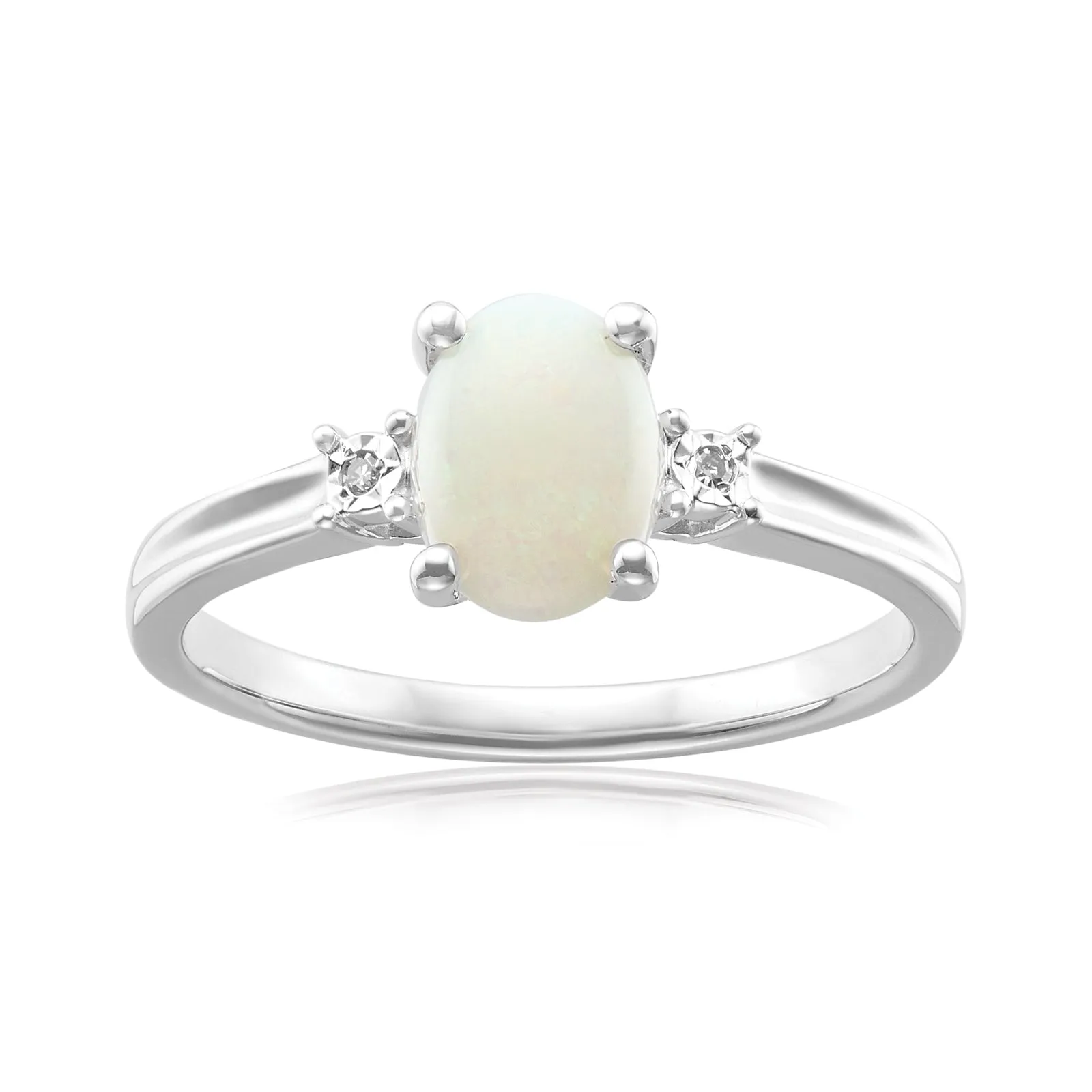 Sterling Silver Oval Cut 8x6mm Opal & Diamonds Ring