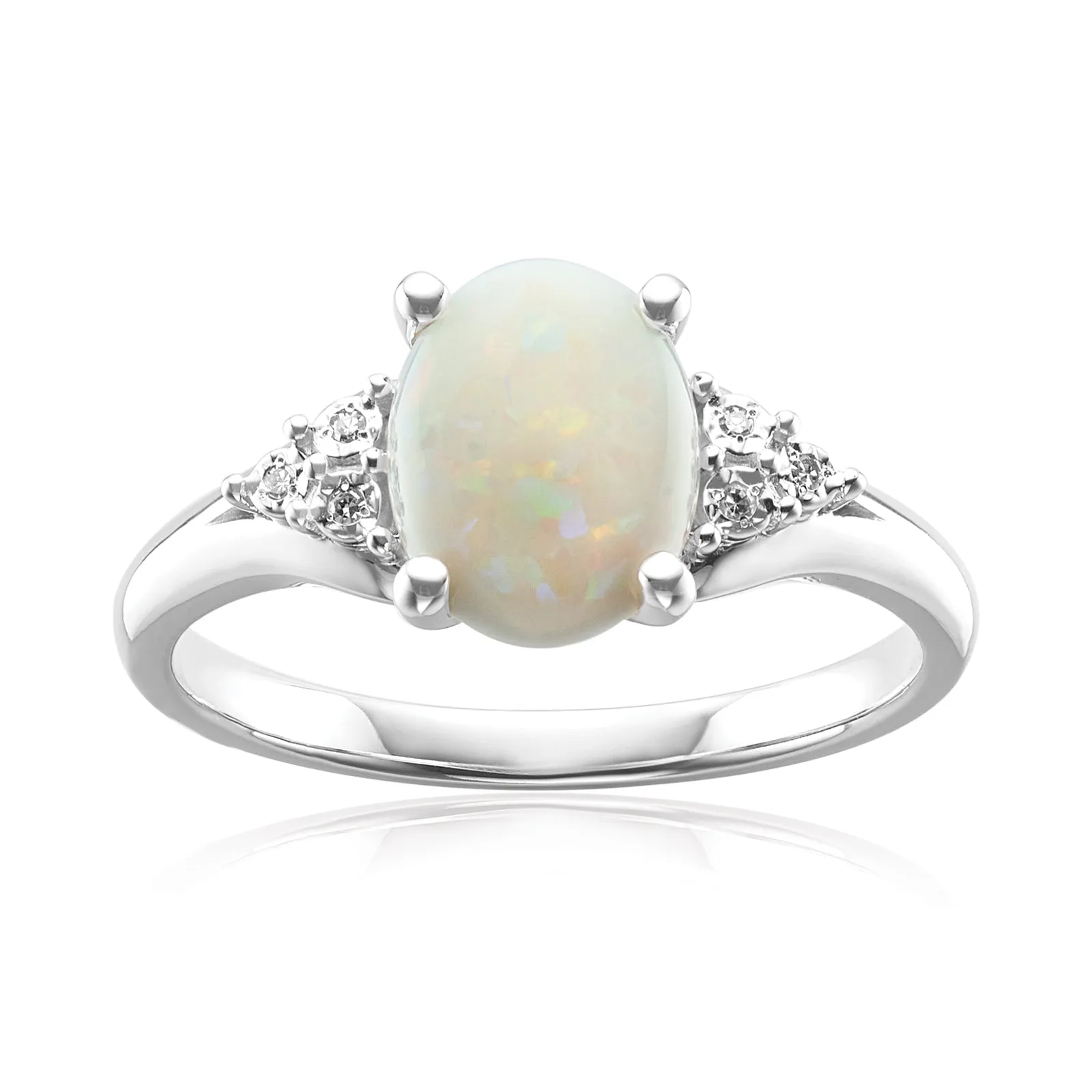 Sterling Silver Oval Cut 9x7mm Opal & Diamonds Ring