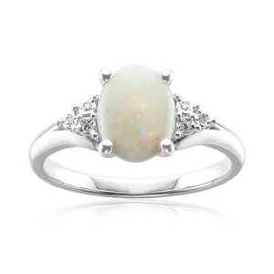 Sterling Silver Oval Cut 9x7mm Opal & Diamonds Ring