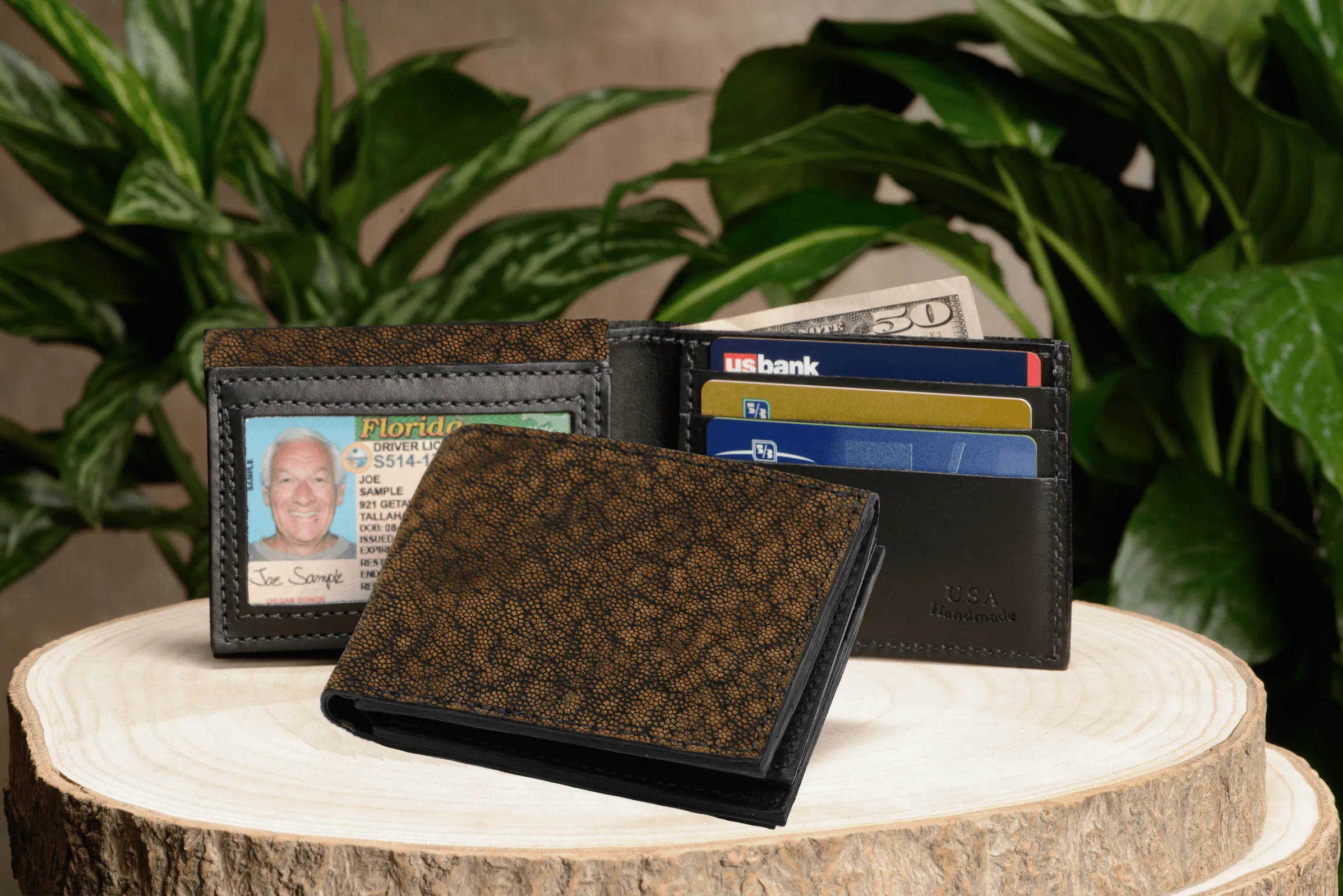 Tree Bark Elephant Luxury Designer Exotic Bifold Wallet With Flip Up ID Window