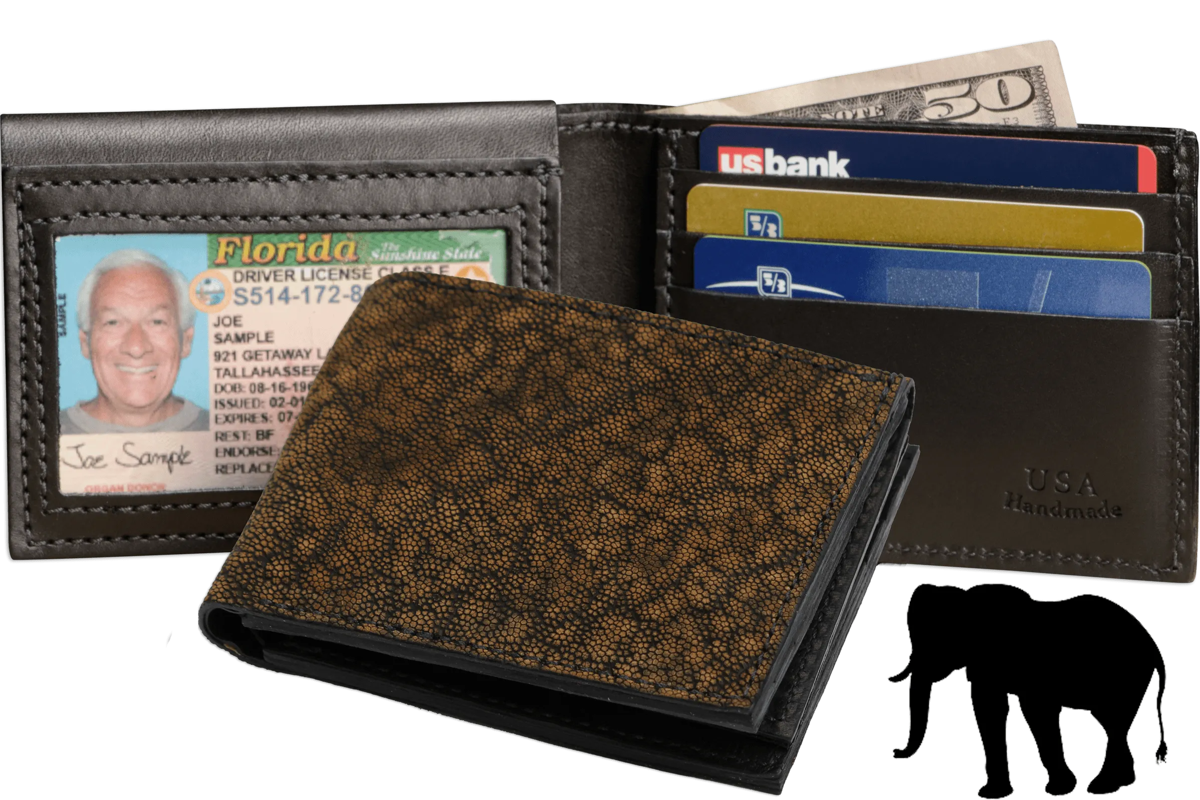 Tree Bark Elephant Luxury Designer Exotic Bifold Wallet With Flip Up ID Window