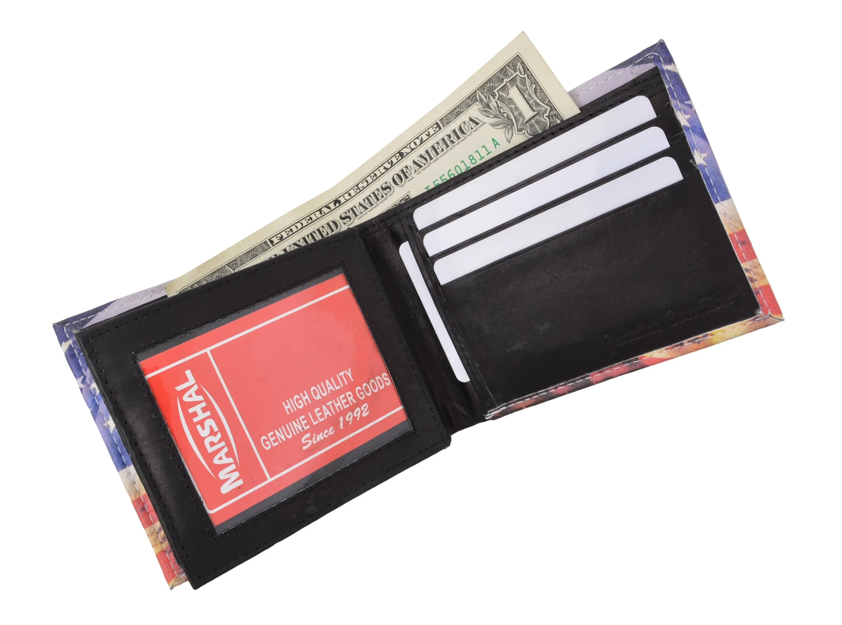 USA Flag Men's Genuine Leather Bifold Multi Card ID Center Flap Wallet 1246-15