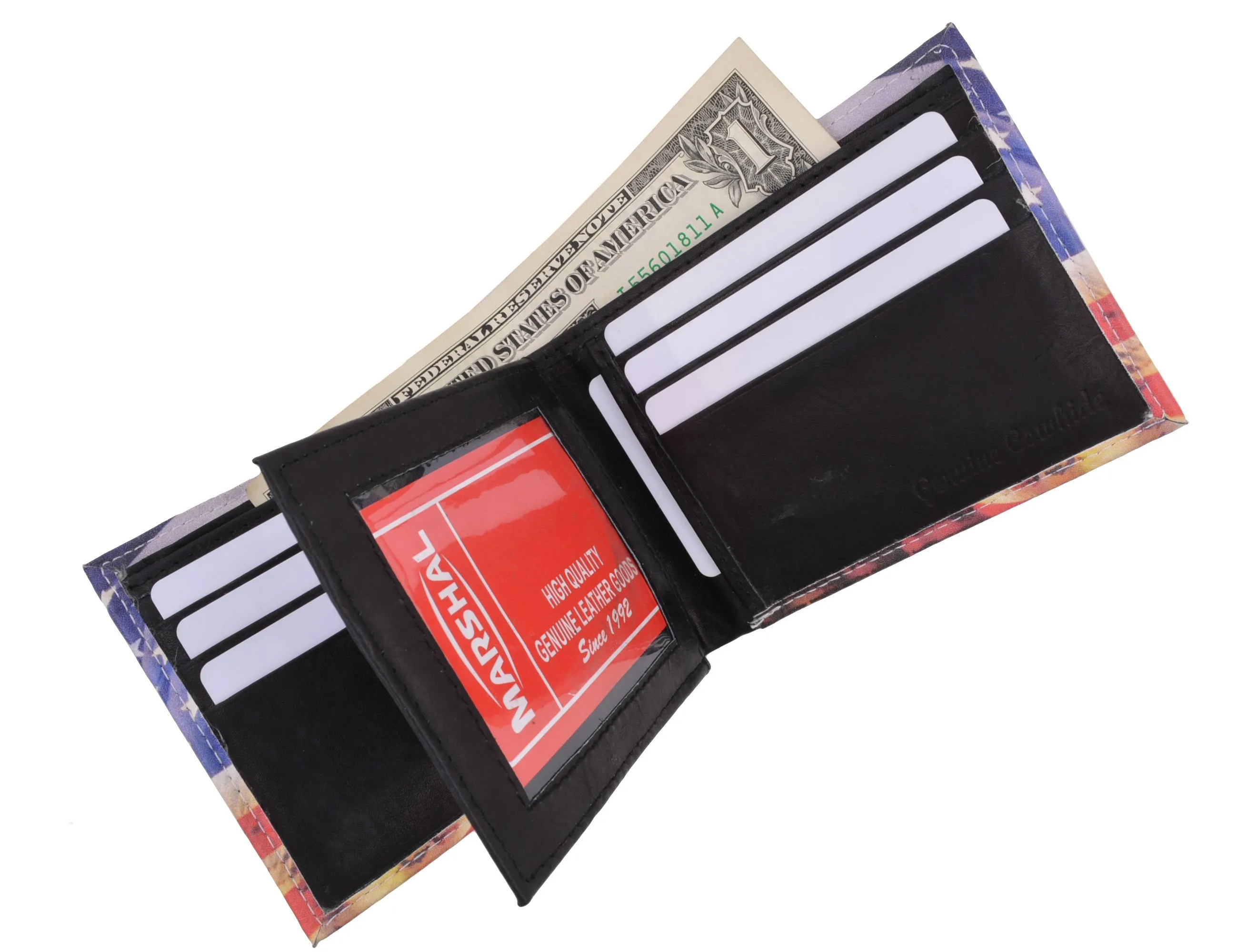 USA Flag Men's Genuine Leather Bifold Multi Card ID Center Flap Wallet 1246-15