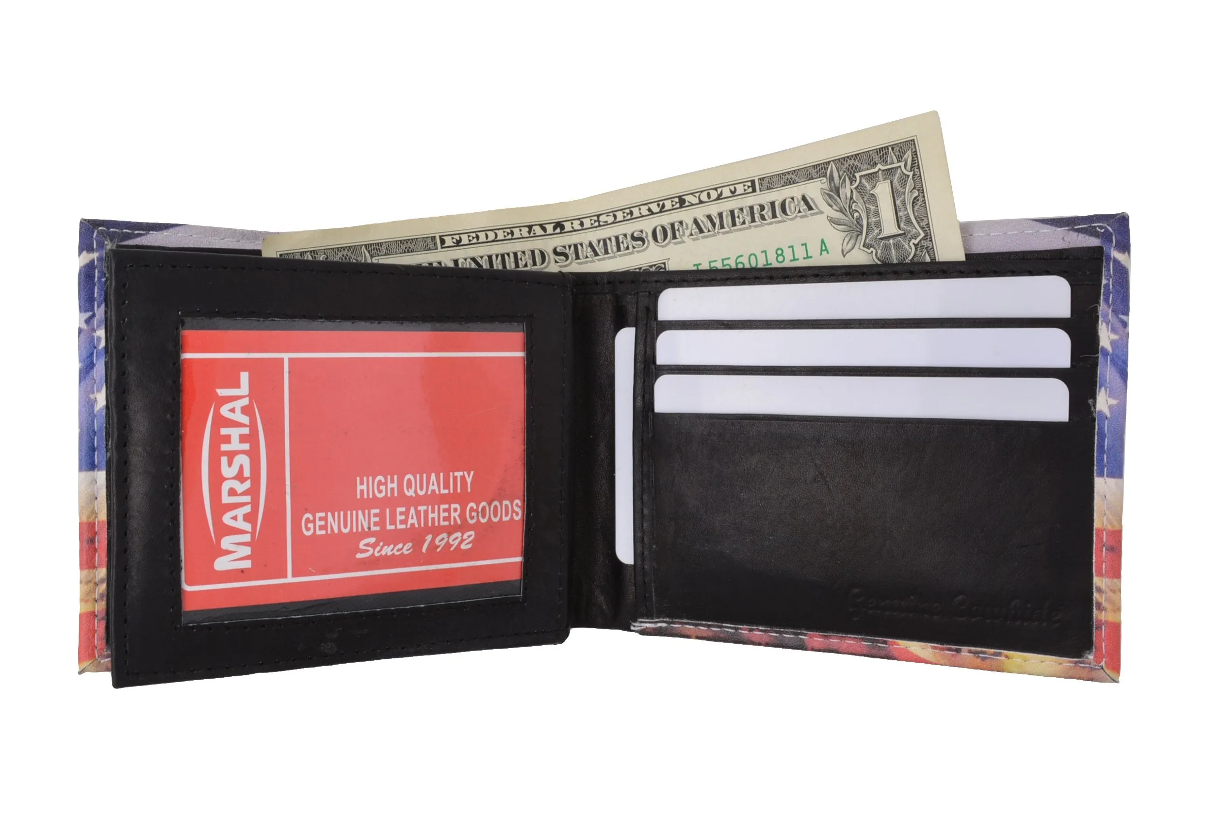 USA Flag Men's Genuine Leather Bifold Multi Card ID Center Flap Wallet 1246-15