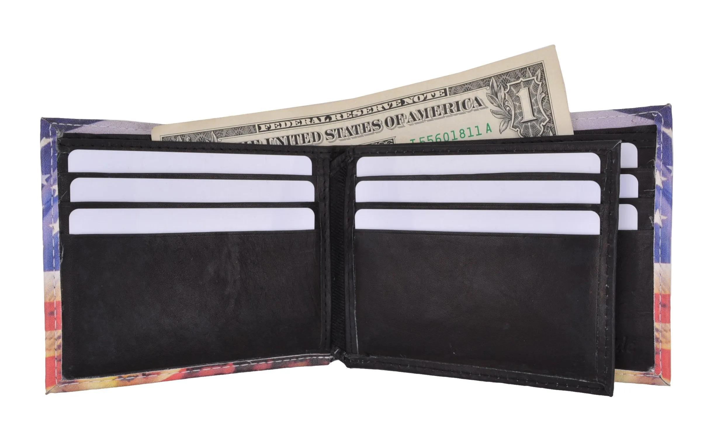USA Flag Men's Genuine Leather Bifold Multi Card ID Center Flap Wallet 1246-15
