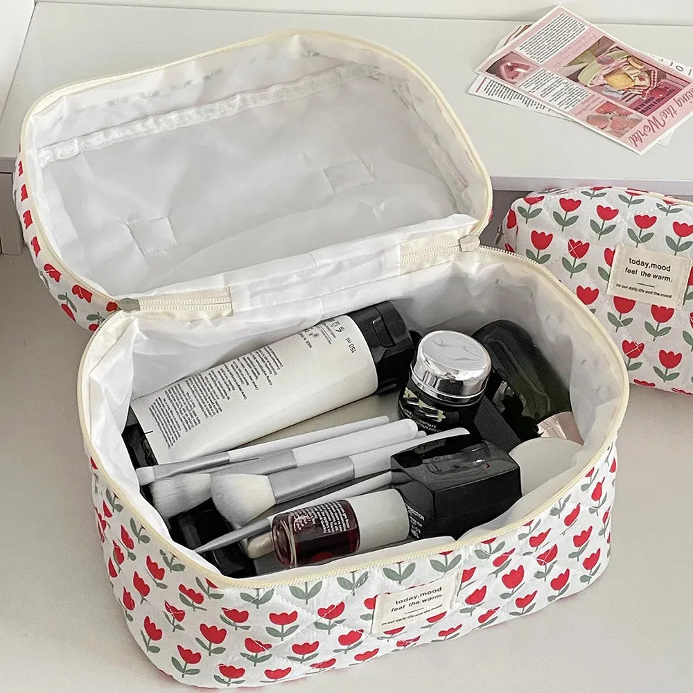 Vvsha Fashion Red Flower Makeup Quilting Bag Women Large Capacity Cosmetic Storage Handbag Pouch Ladies Girls Portable Clutch Bag