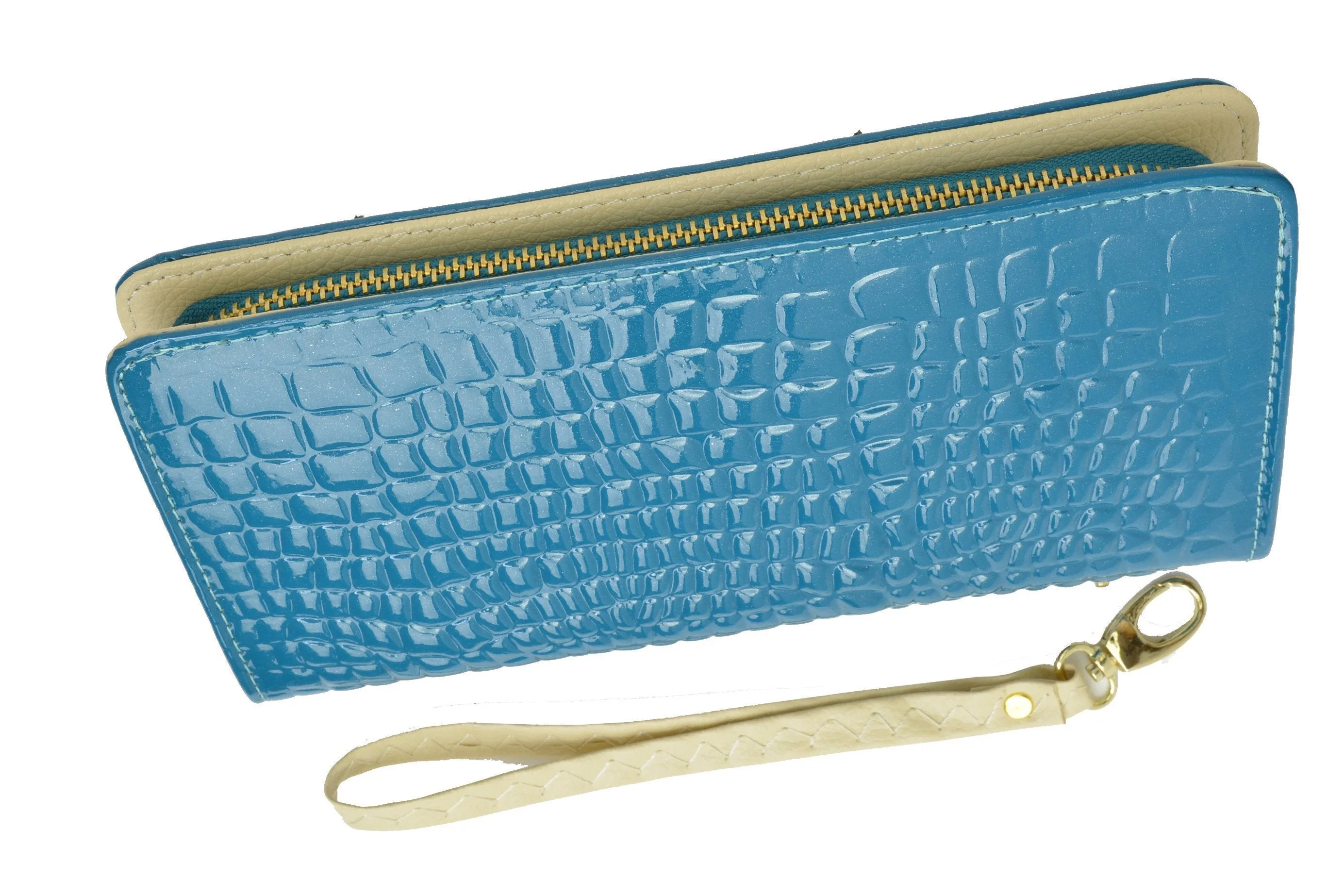 Womens Single Zip Around Croco Design Wristlet Clutch Organizer Shinny Wallet 117-921 (C)