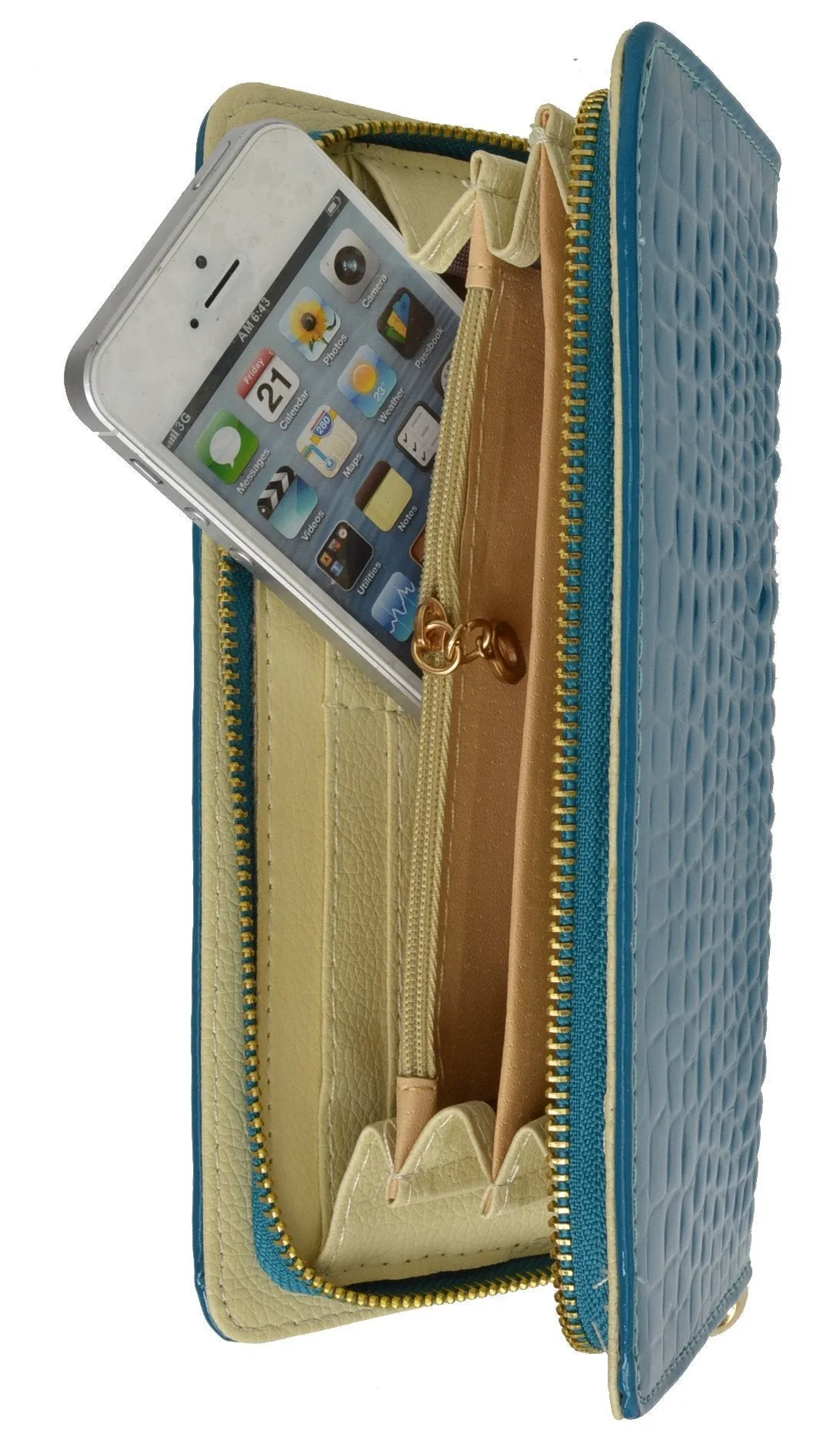 Womens Single Zip Around Croco Design Wristlet Clutch Organizer Shinny Wallet 117-921 (C)