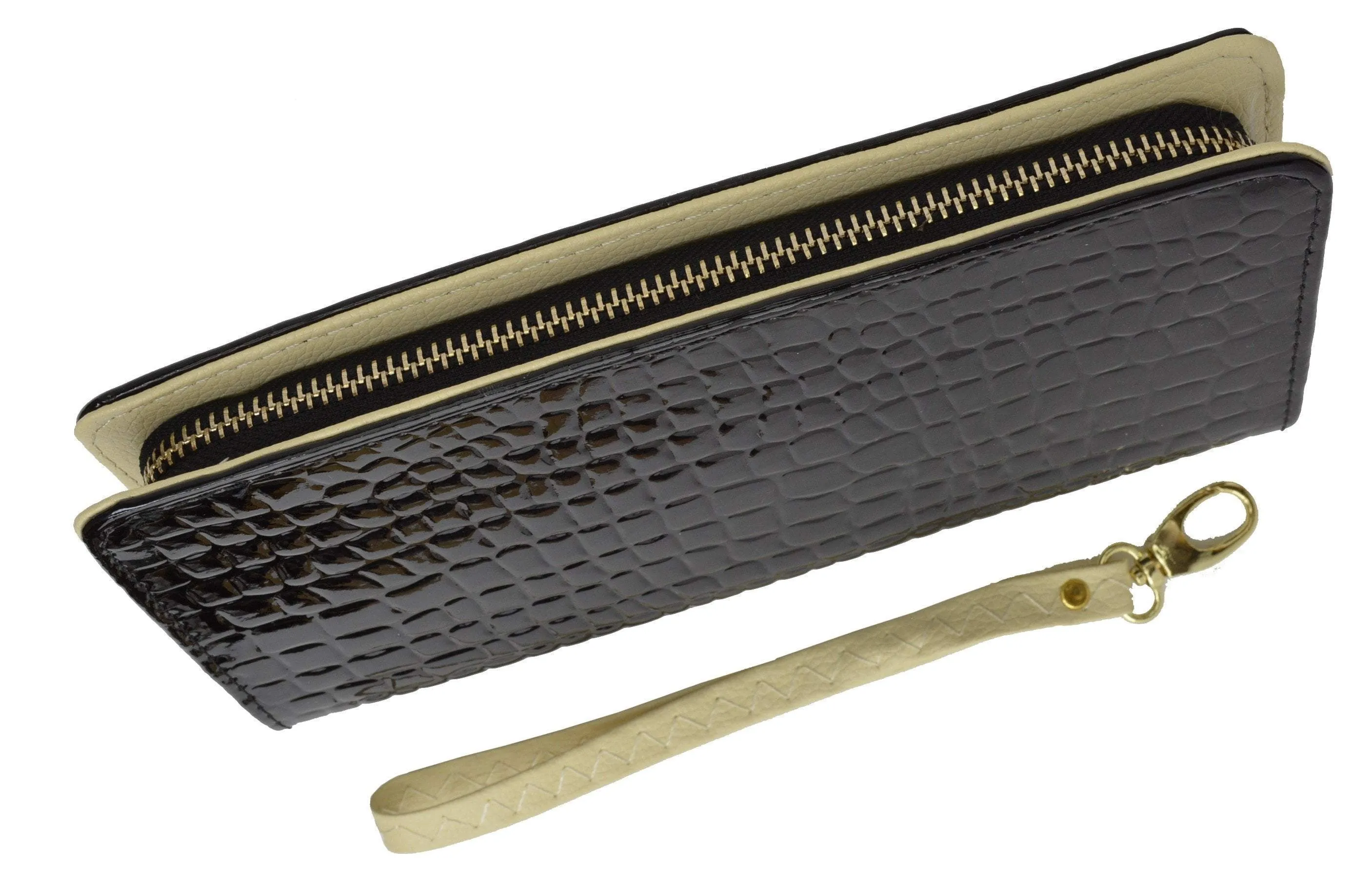 Womens Single Zip Around Croco Design Wristlet Clutch Organizer Shinny Wallet 117-921 (C)