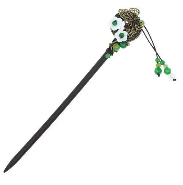 Wood Stick with Butterfly Metal Piece Shell Flowers and Beaded Tassels